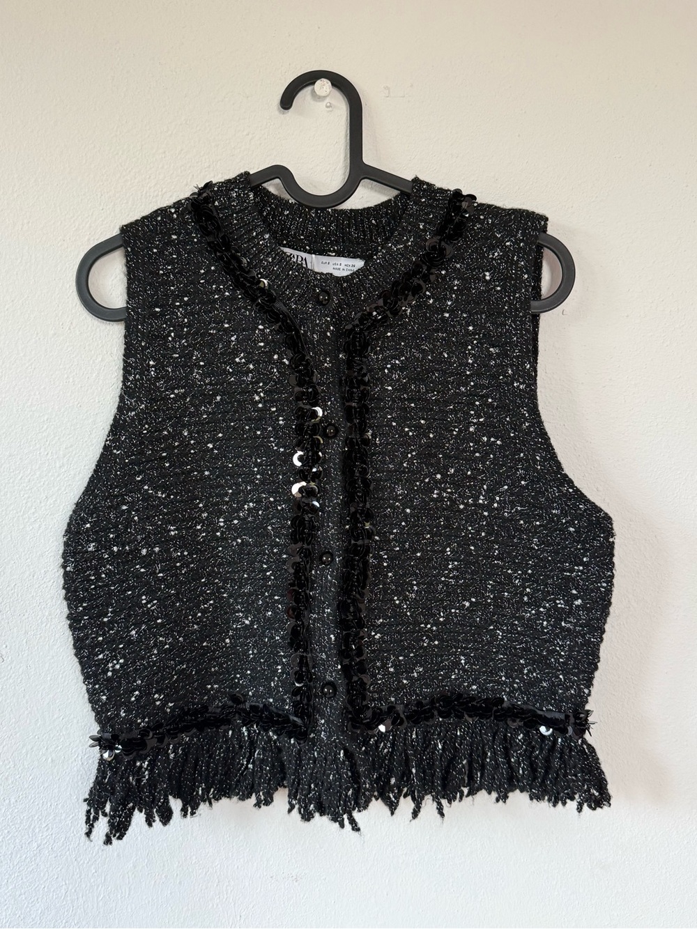 Zara Black Tweed Sequin Fringe Vest